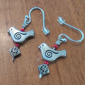 Silver Bird Earrings with Red Accents